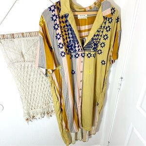 🌞 Urban Outfitters Embroidered Blue Boho Yellow Mustard Stripe Button Down Dress